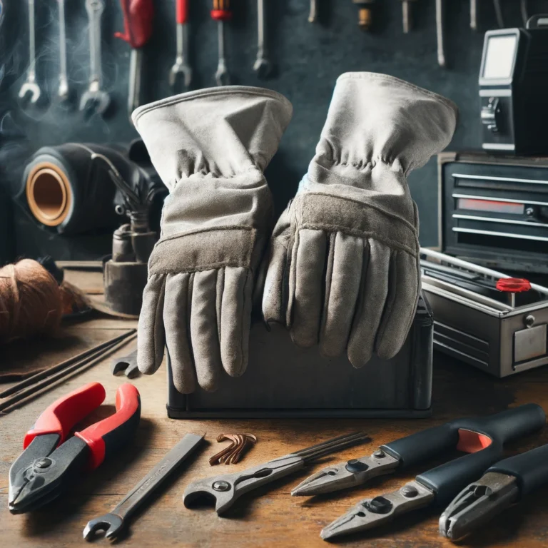 A set of welding gloves displayed on a workbench in a welding workshop