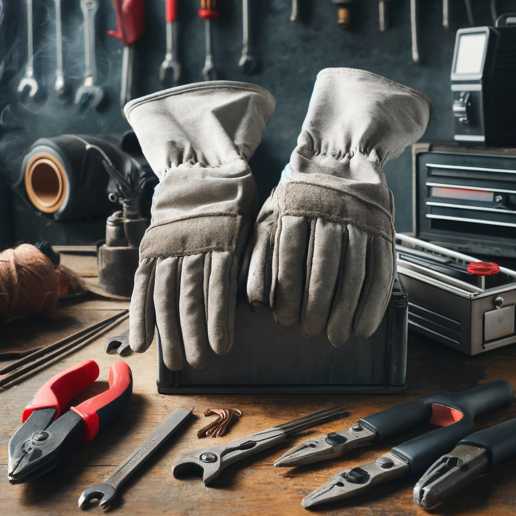 A set of welding gloves displayed on a workbench in a welding workshop